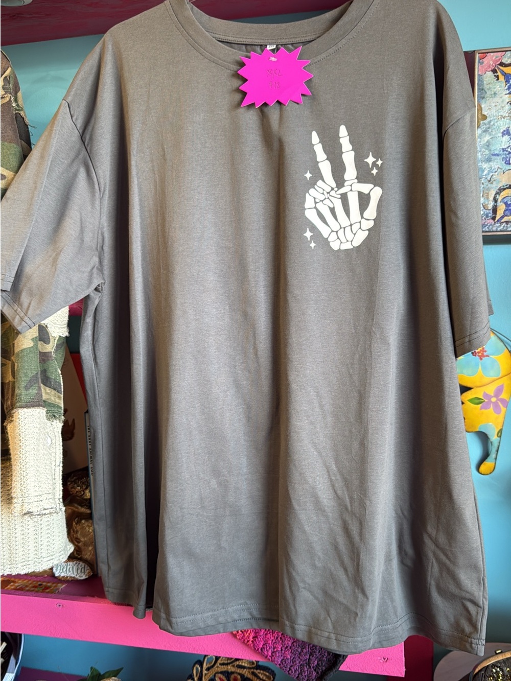 Women's Brown Graphic Short-Sleeve Tee with Skeleton Peace Hand